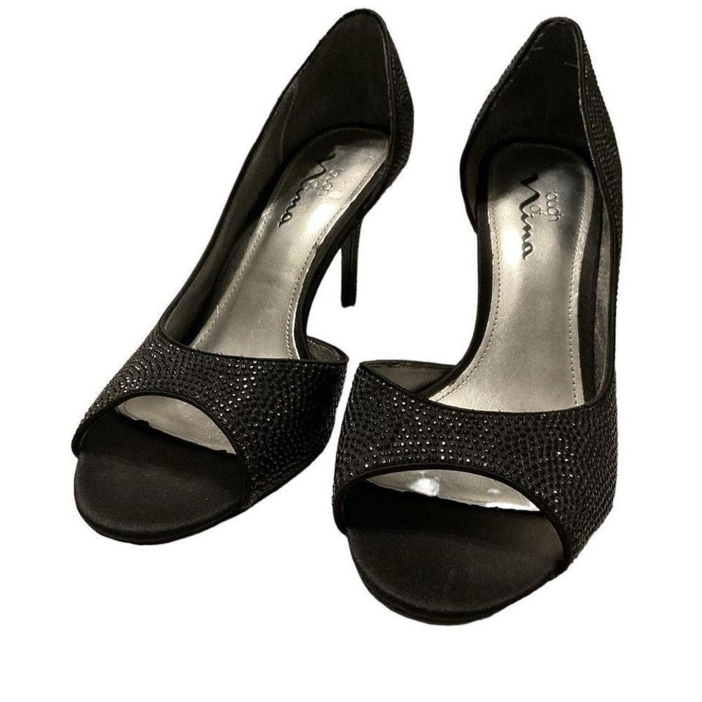Touch of NINA BLACK SATIN CRYSTAL HEEL EVENING PUMP‎ SIZE 9